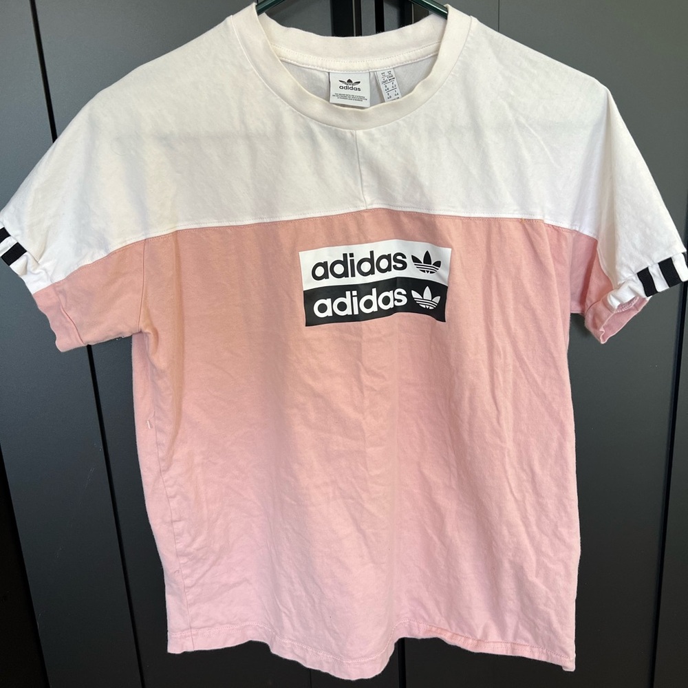 Adidas Originals pink and white color block striped t-shirt
